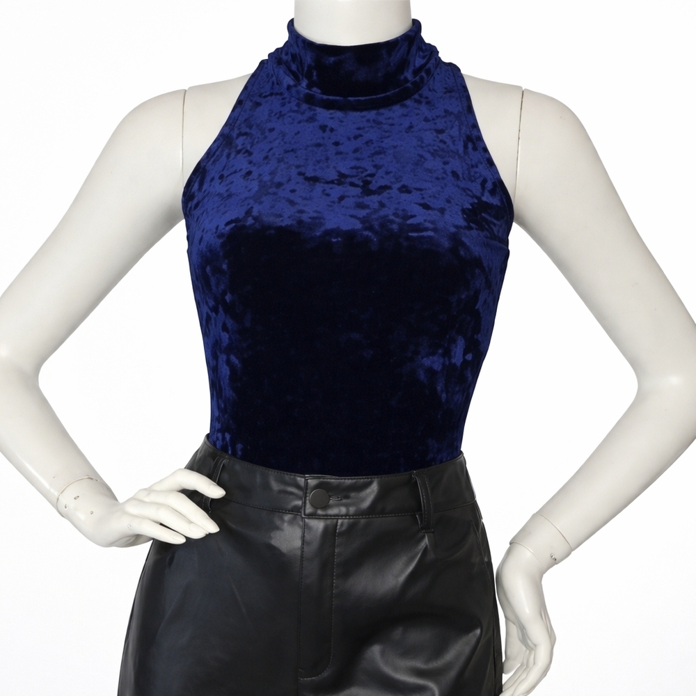 NWT Second Skin RD Style Navy Mock Neck Velvet Bodysuit Small